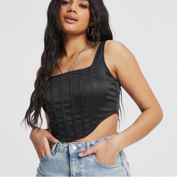 Missguided Tops - Misguided Black Satin Corset Crop Top with Zip Back (Sz 4)
